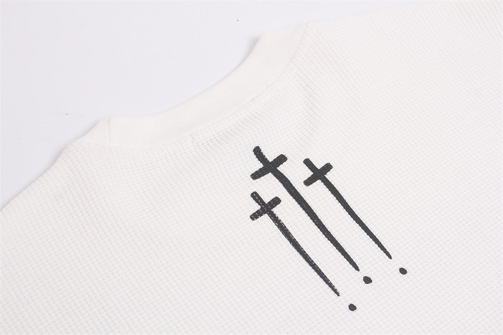 Angel Cross Graphic Long Sleeve Waffle-Knit Shirt – Distressed Print, Relaxed
