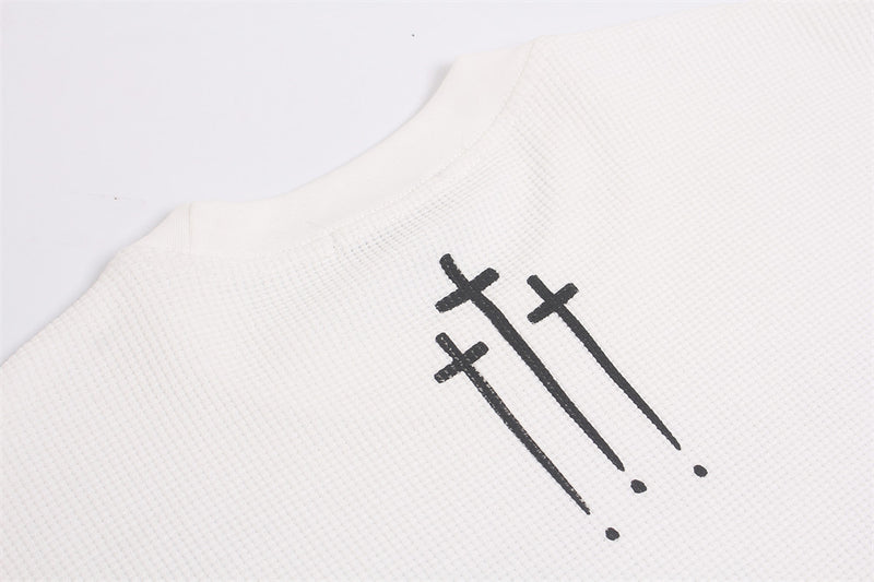 Angel Cross Graphic Long Sleeve Waffle-Knit Shirt – Distressed Print, Relaxed