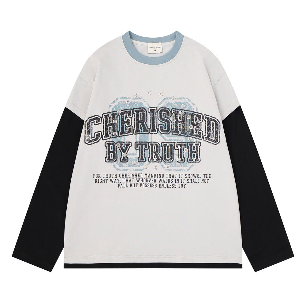 T-shirt manches longues colorblock à effet superposé – Imprimé vintage et détails métalliques