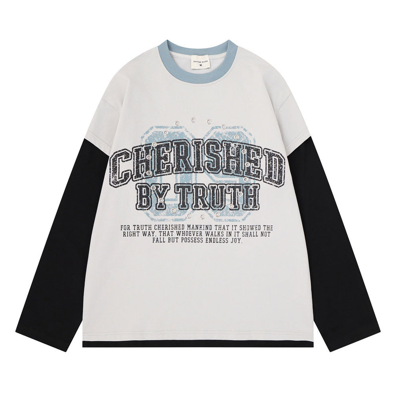 T-shirt manches longues colorblock à effet superposé – Imprimé vintage et détails métalliques