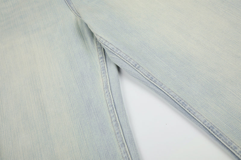 Light Wash Baggy Jeans – Wide Leg Straight Fit with Gingham Patchwork Pocket