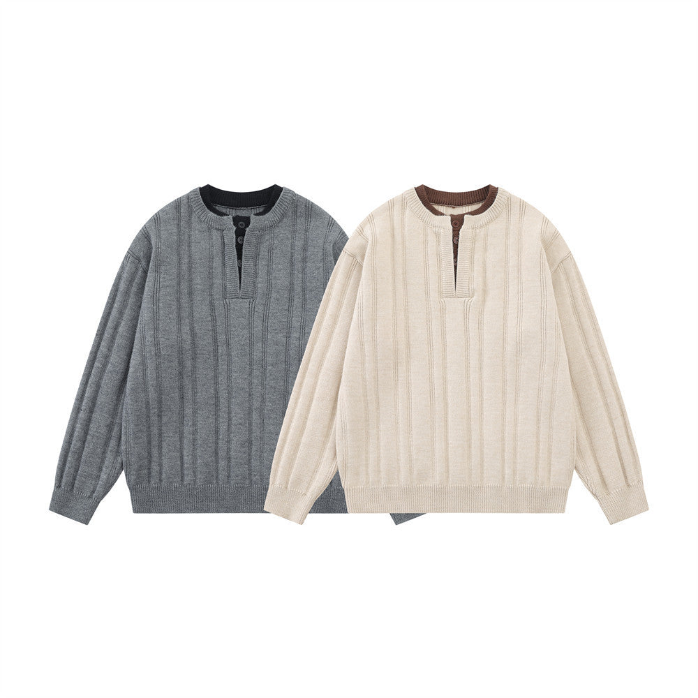 Pull homme en maille côtelée à col tunisien – Coupe oversize décontractée