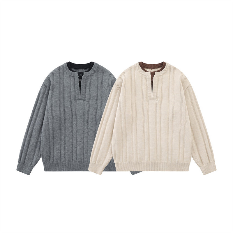 Pull homme en maille côtelée à col tunisien – Coupe oversize décontractée
