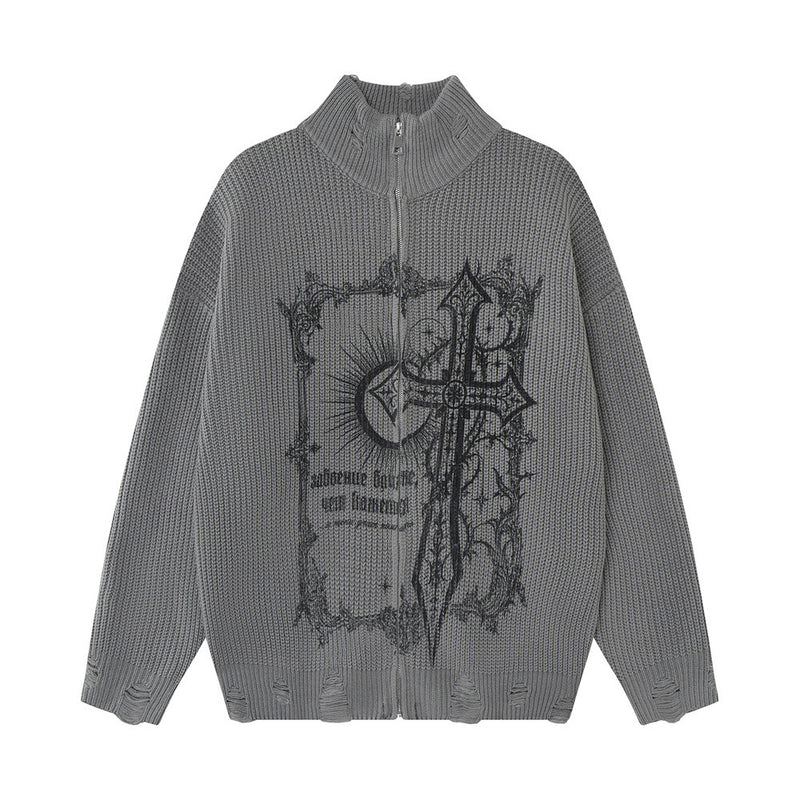 Gothic Cross Print Zip-Up Knit Cardigan Sweater – Distressed Mock Neck Men's