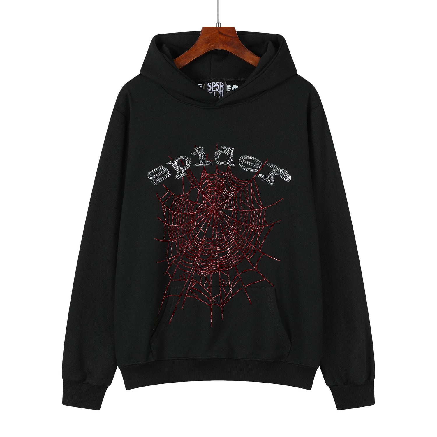 Sp5der Rhinestone Web Hoodie – Black 440GSM Heavyweight Oversized Streetwear Pullover
