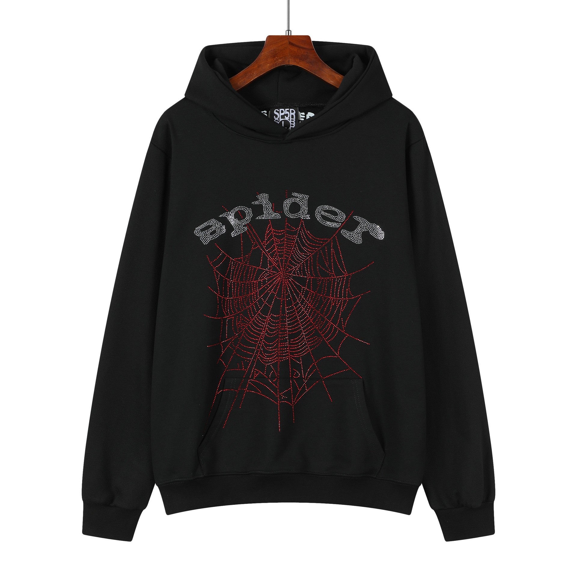 Sp5der Rhinestone Web Hoodie – Black 440GSM Heavyweight Oversized Streetwear Pullover