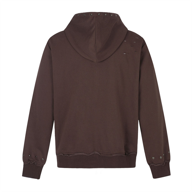 Brown hoodie back view with studded hood and small distressed holes on the upper back