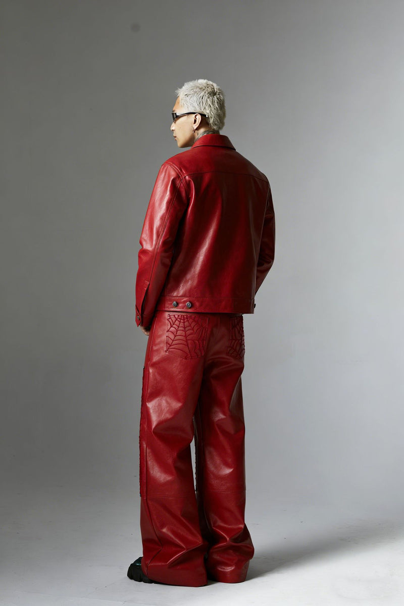 Wide-Leg Faux Leather Pants with Spiderweb Embossed Panels