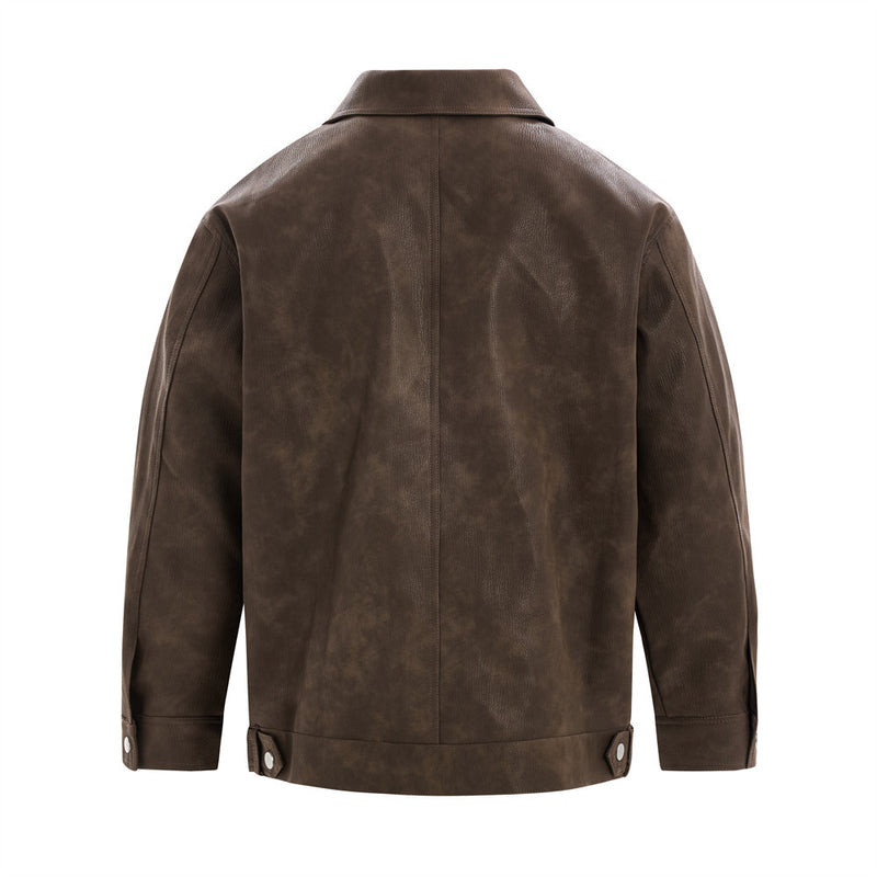 Men's Vintage Distressed PU Leather Zip-Up Jacket – Relaxed Fit Retro Street