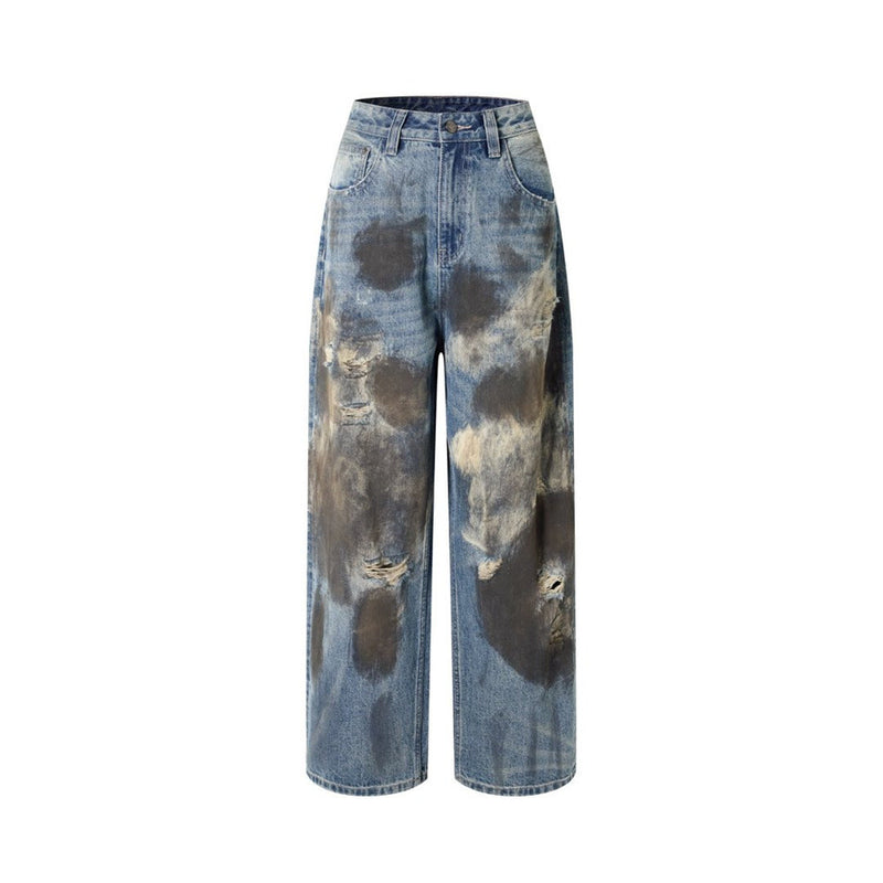 Wide-Leg Distressed Jeans – Dirty Wash Tie-Dye Ripped Denim, Relaxed Fit