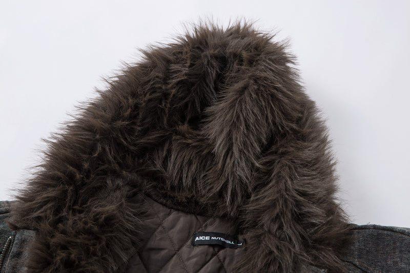 Washed Denim Bomber Jacket with Faux Fur Hood – Vintage American Style