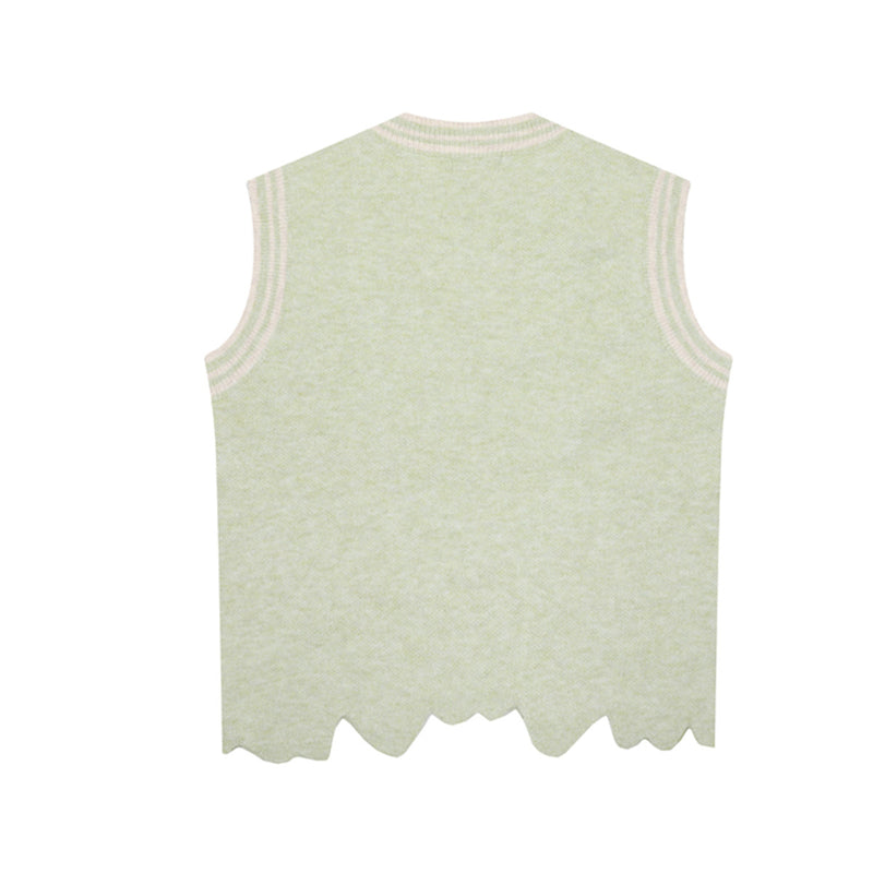 V-Neck Knit Sweater Vest with Irregular Hem & Puppy Embroidery