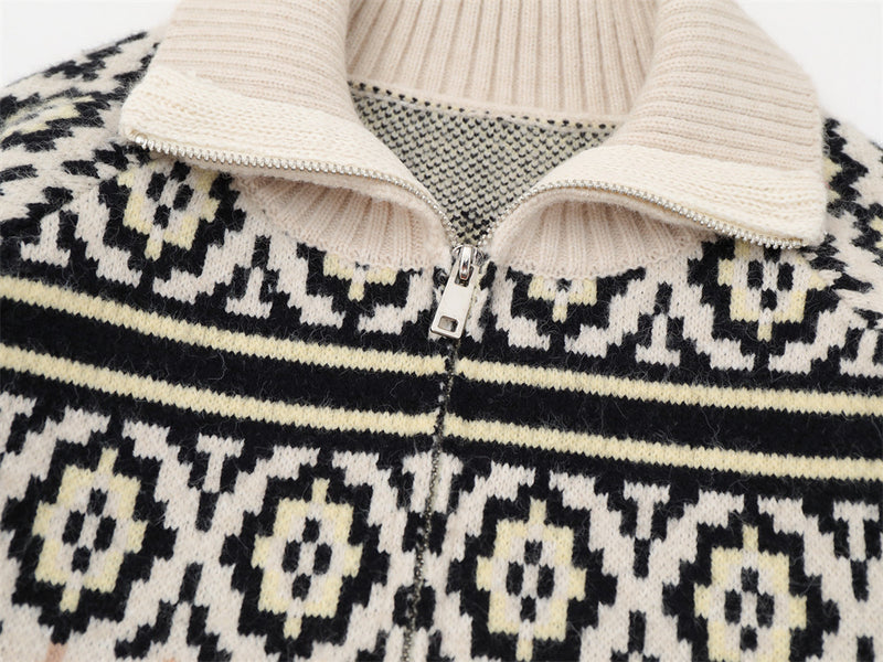 Men's Ethnic Jacquard Zip-Up Knit Cardigan Sweater – Argyle & Floral Pattern