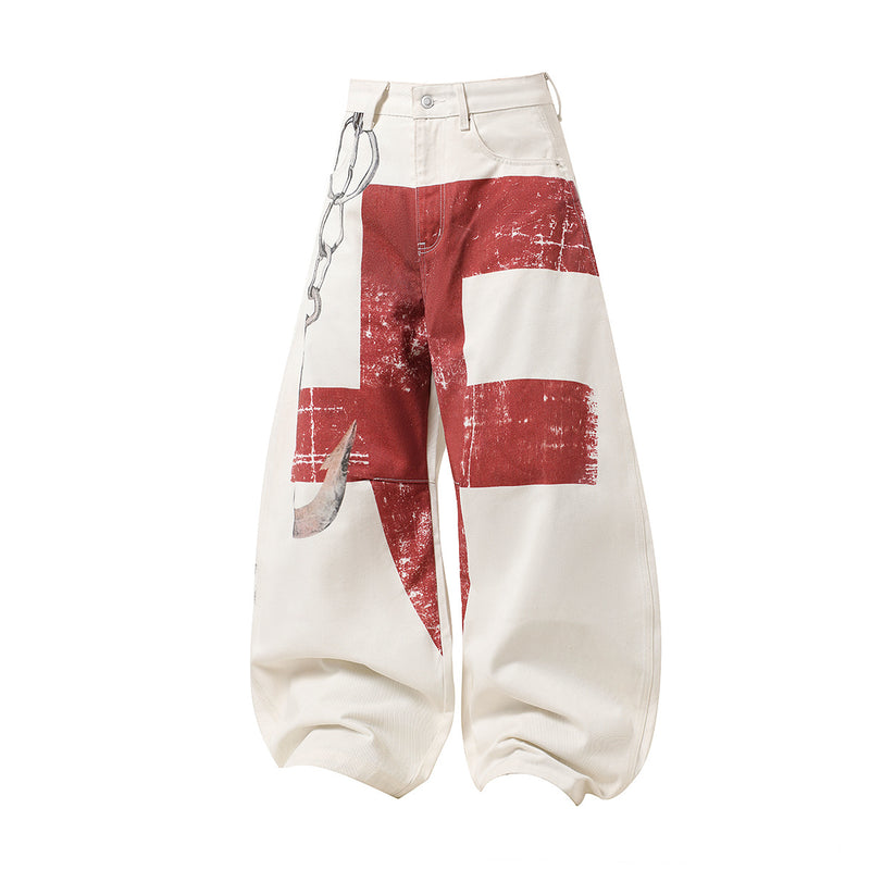 Pantalon baggy à jambes larges avec croix rouge usée et imprimé graphique chaîne