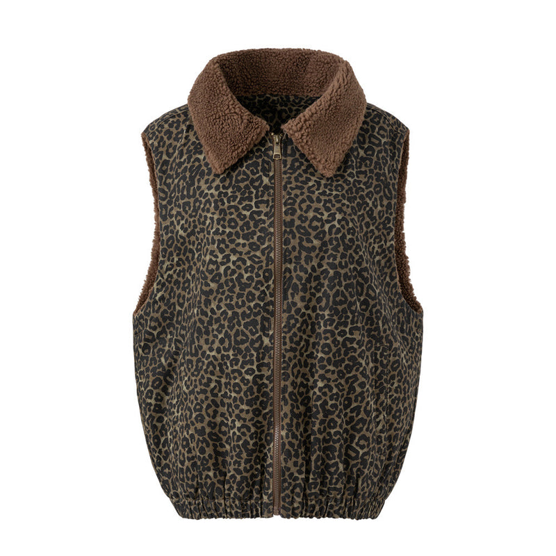Gilet zippé à col sherpa imprimé léopard – Gilet streetwear rétro américain