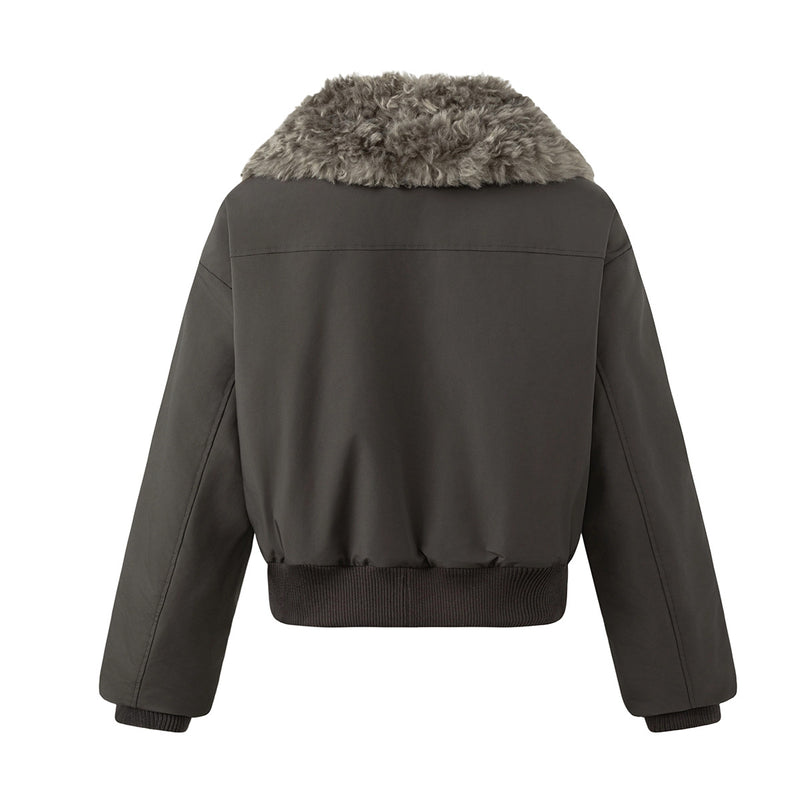 Fur Collar Cotton-Padded Bomber Jacket with Horn Toggle Buttons – Dark Grey