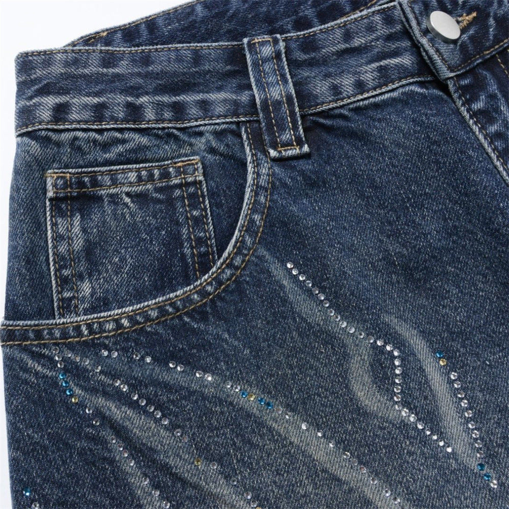 Men's Super Baggy Jeans – Rhinestone Wing Graphic Wide-Leg Denim, Washed Blue