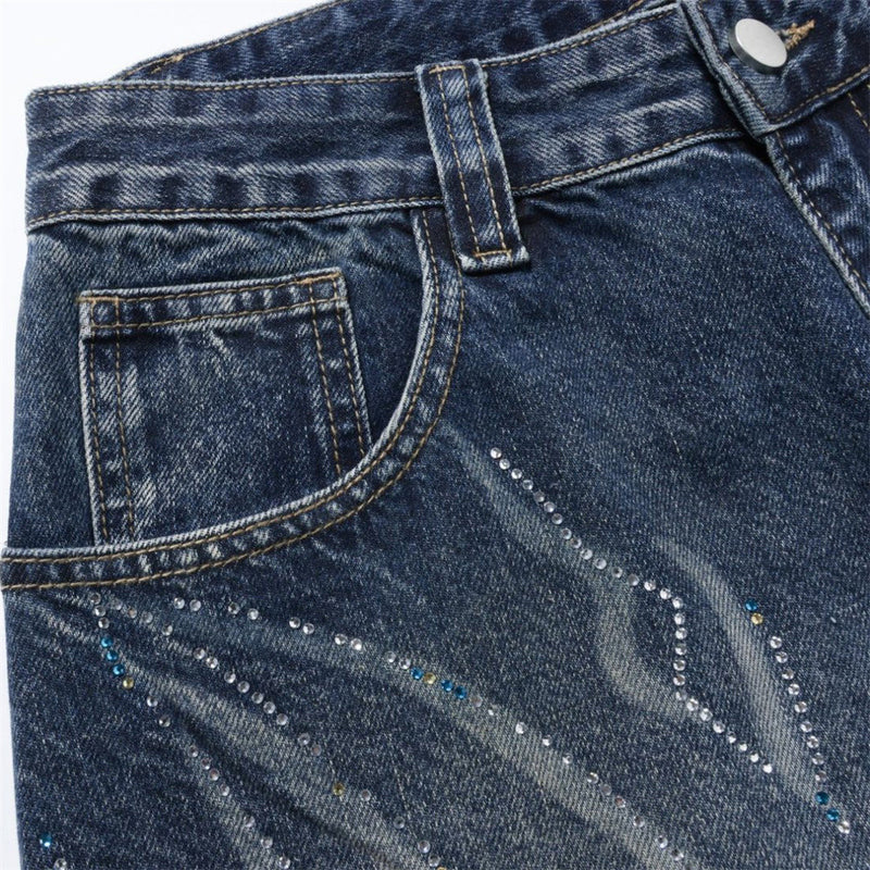 Men's Super Baggy Jeans – Rhinestone Wing Graphic Wide-Leg Denim, Washed Blue