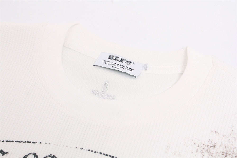 Angel Cross Graphic Long Sleeve Waffle-Knit Shirt – Distressed Print, Relaxed
