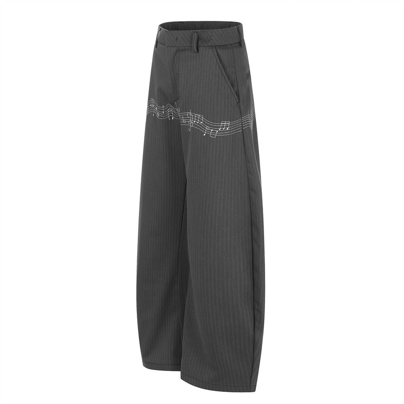 Pinstripe Wide-Leg Trousers with Music Note Embroidery