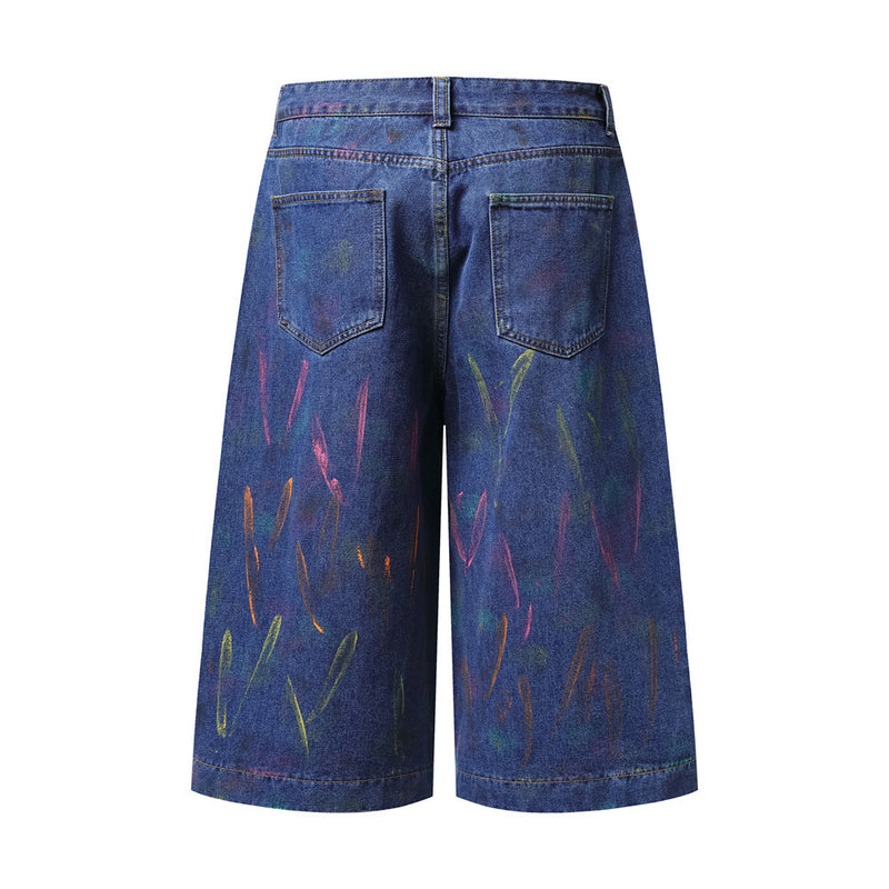 Hand-Painted Graffiti Denim Shorts – Wide-Leg Washed Jean Shorts