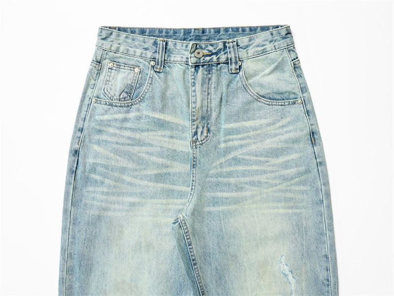 Wide-Leg Distressed Jeans – Light Wash Vintage Ripped Straight Denim