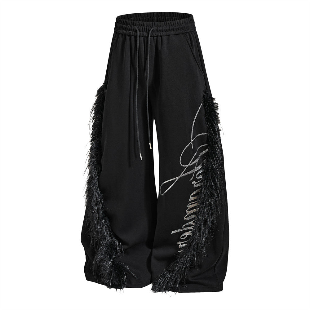 Black Baggy Wide-Leg Pants – Feather Trim & Rhinestone Script Detail