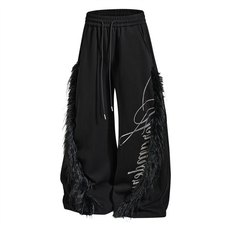 Black Baggy Wide-Leg Pants – Feather Trim & Rhinestone Script Detail