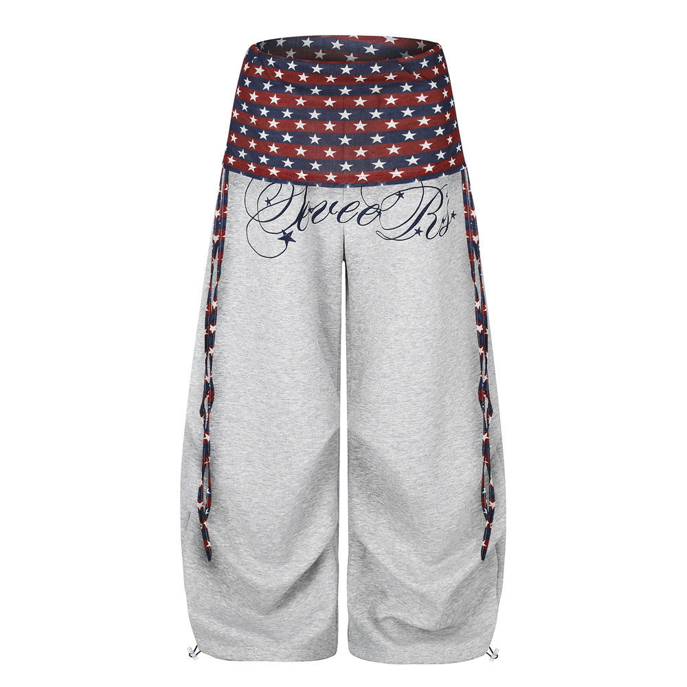 Wide-Leg Star & Stripe Waistband Pants with Side Drawstring Detail