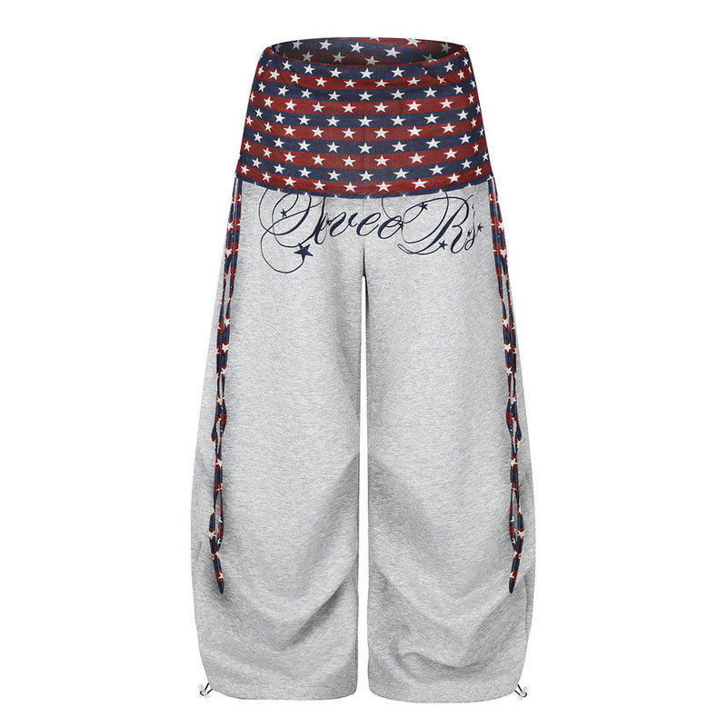 Wide-Leg Star & Stripe Waistband Pants with Side Drawstring Detail