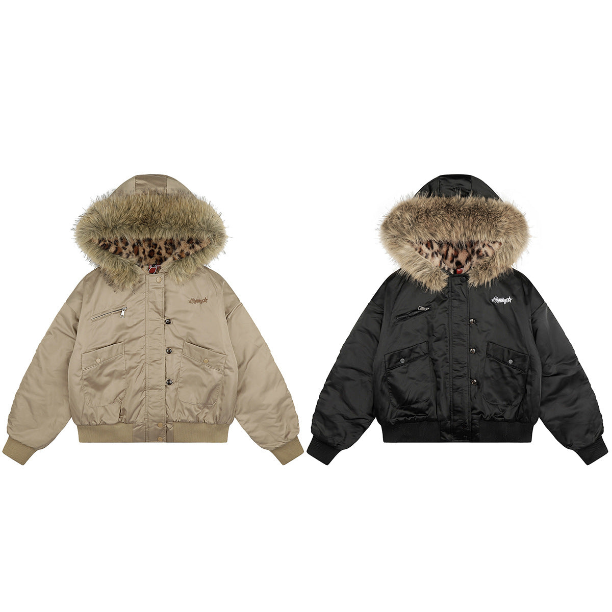 Leopard Print Fleece-Lined Bomber Jacket with Faux Fur Hood