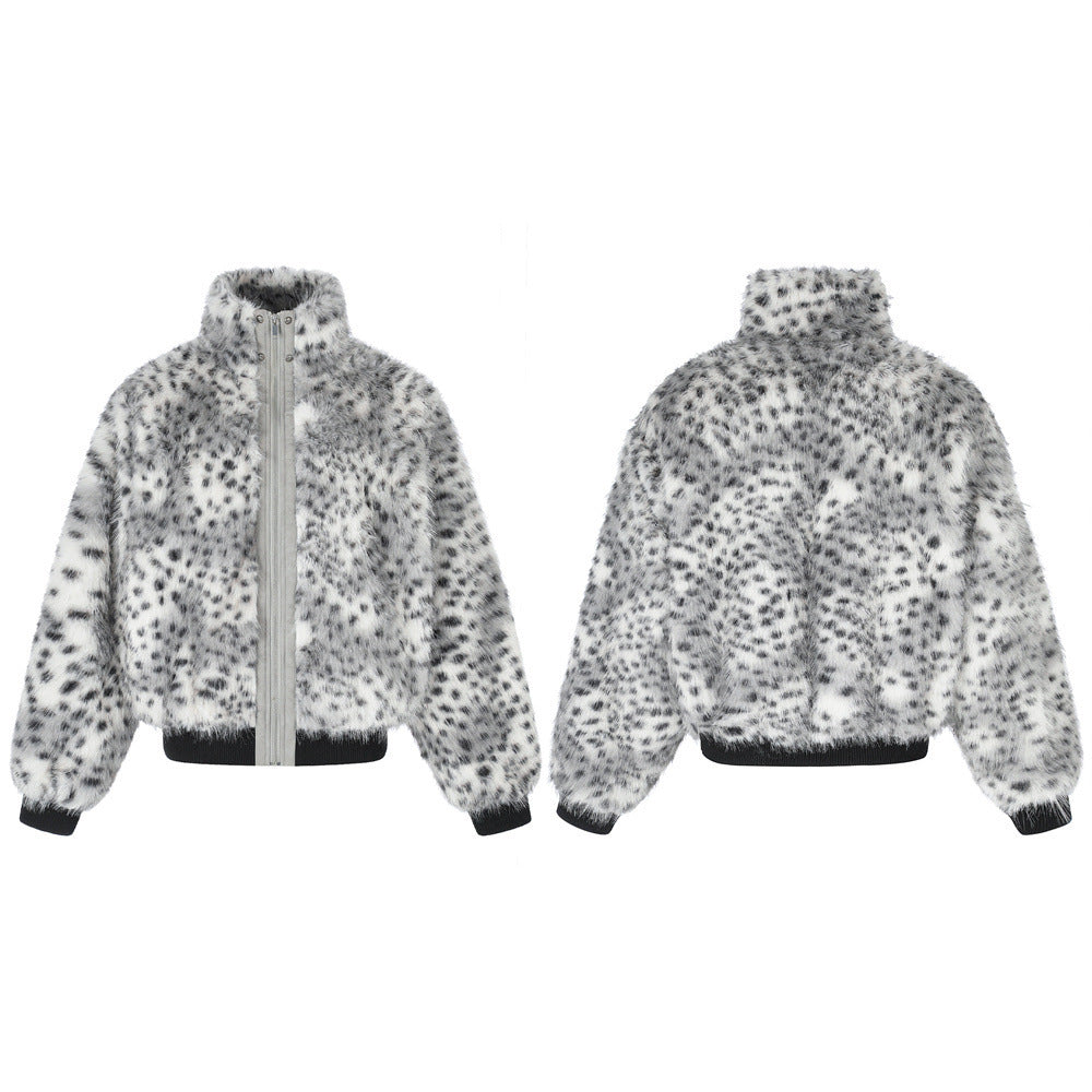 Faux Fur Leopard Print Bomber Jacket – Men's Oversized High-Collar Winter Coat