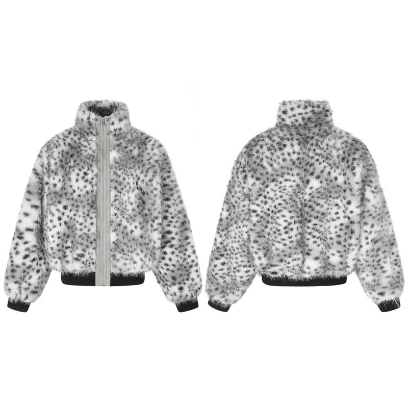 Faux Fur Leopard Print Bomber Jacket – Men's Oversized High-Collar Winter Coat