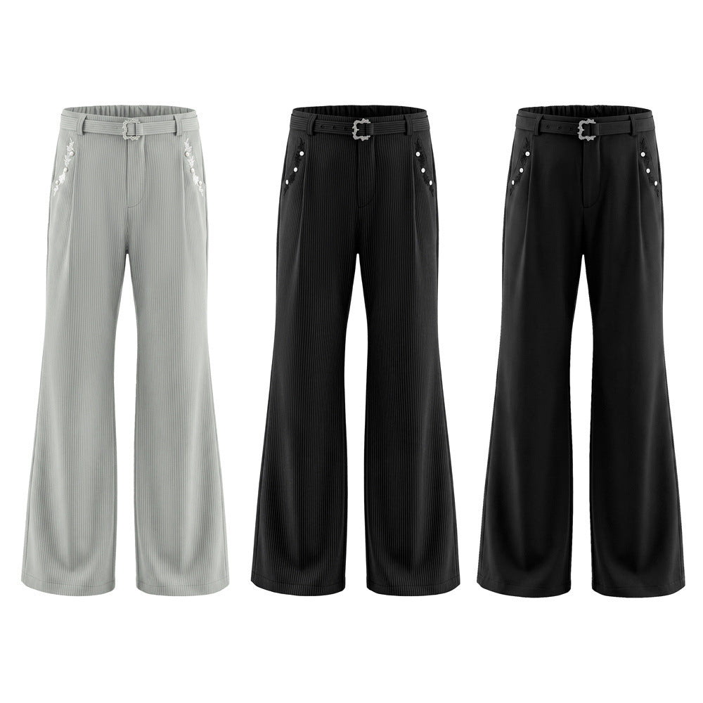 Pantalon ample rayé pour homme avec broderies florales et ceinture