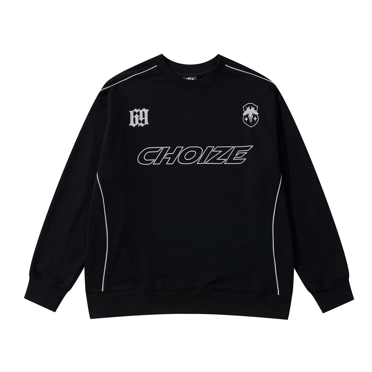 Sweat homme oversize noir à col rond Choize Official, motif CHOIZE sur le devant et détail passepoil réfléchissant
