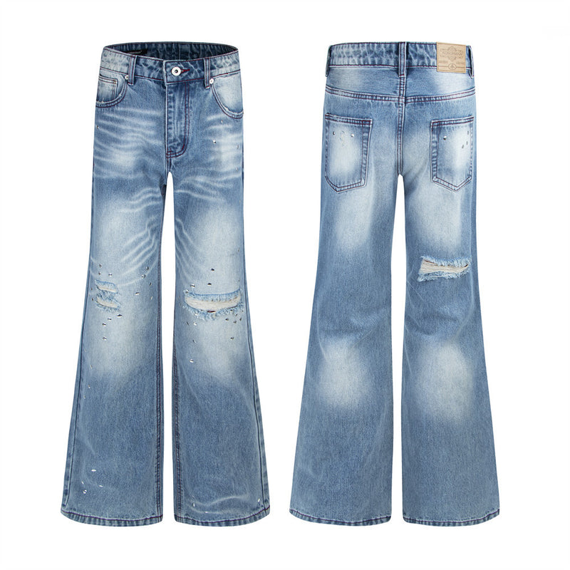 Men's Distressed Flare Jeans – Light Wash Wide-Leg Denim with Ripped Knees &