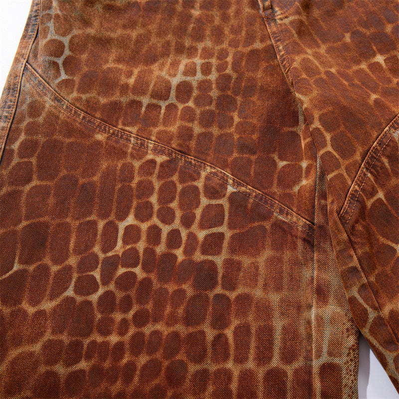 Leopard Print Wide-Leg Denim Shorts – Washed Rust Brown Animal Print