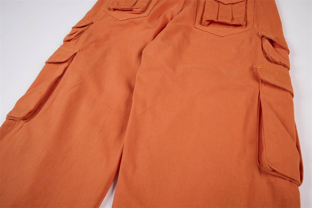 Wide-Leg Cargo Pants – Relaxed Fit Multi-Pocket Straight Trousers in Orange