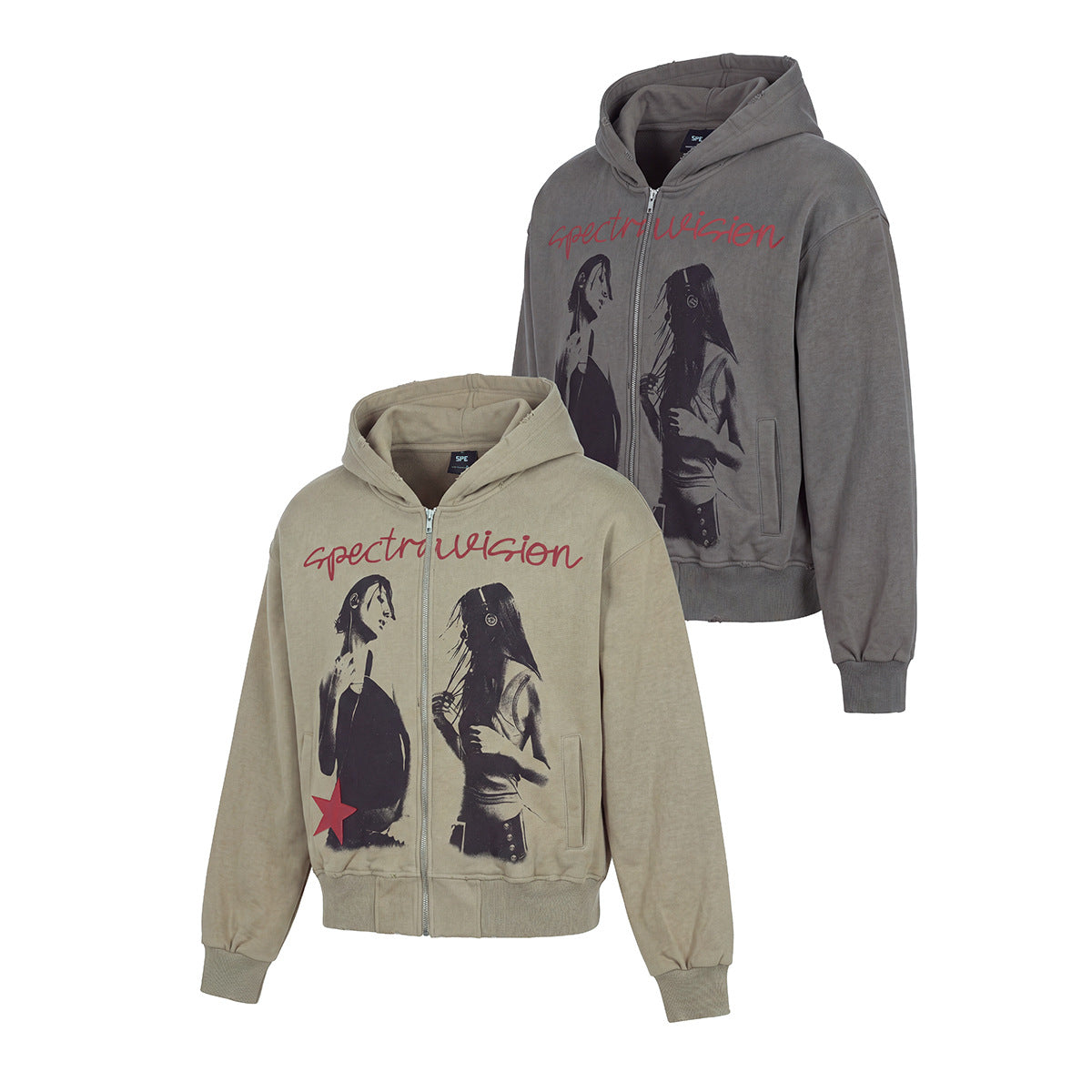Spectravision Graphic Zip-Up Hoodie – Washed Oversized Heavy Fleece