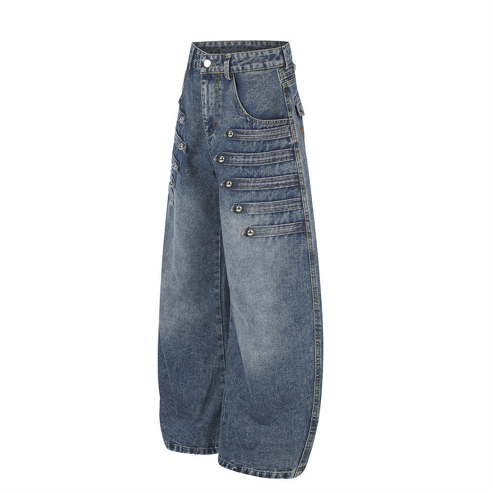 Baggy Wide-Leg Jeans Men – Distressed Denim with Double-Row Stud Detail