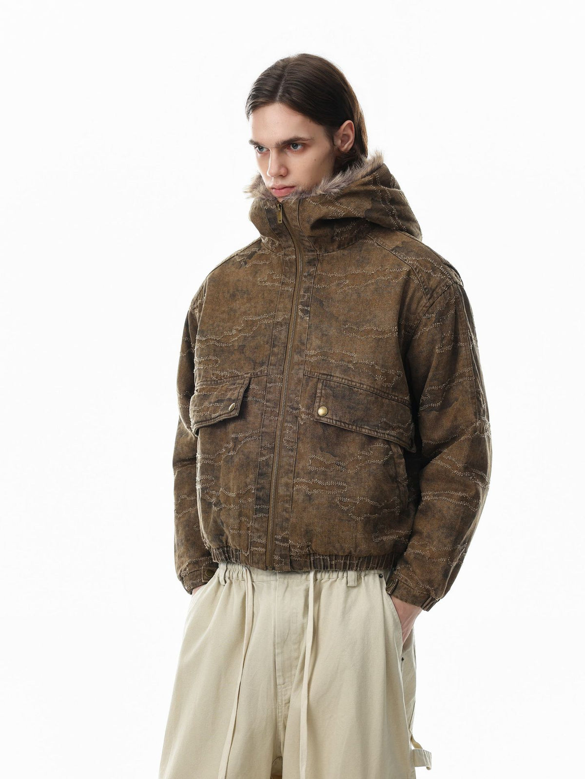 Camo Jacquard Padded Bomber Jacket with Faux Fur Hood