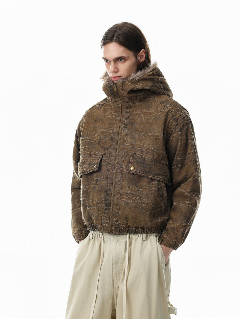 Camo Jacquard Padded Bomber Jacket with Faux Fur Hood