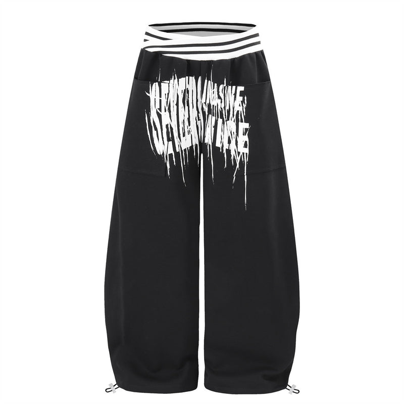 Pantalon de survêtement à jambes larges, lettrage graffiti, noir, ceinture croisée rayée et cordons de serrage réglables aux ourlets