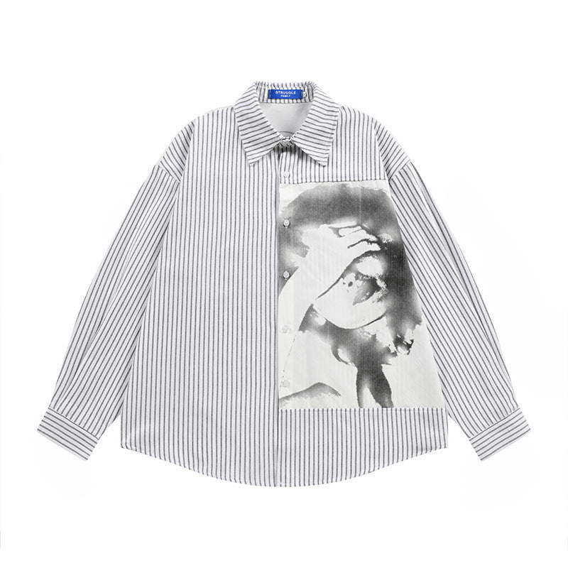Vertical Stripe Oversized Long Sleeve Shirt with Dark Face Graphic Print
