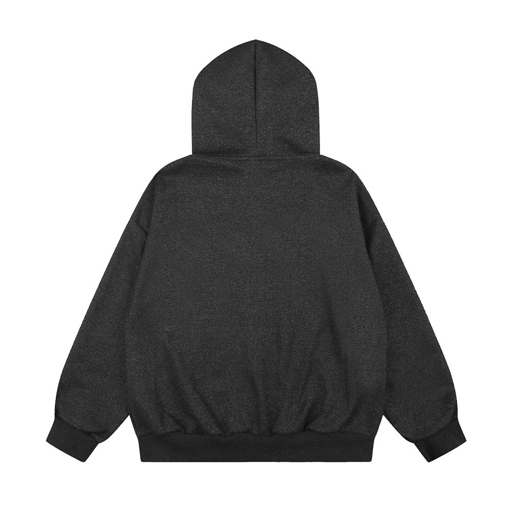 Cartoon Dog Graphic Zip-Up Hoodie – Oversized Fit with Plaid Appliqué
