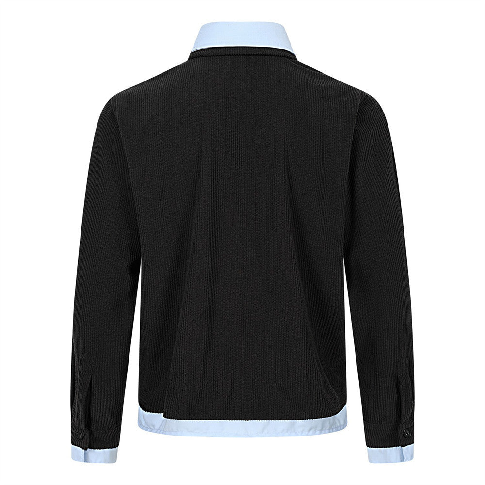 Faux Two-Piece Corduroy Knit Overshirt – Layered Collar Button-Up with