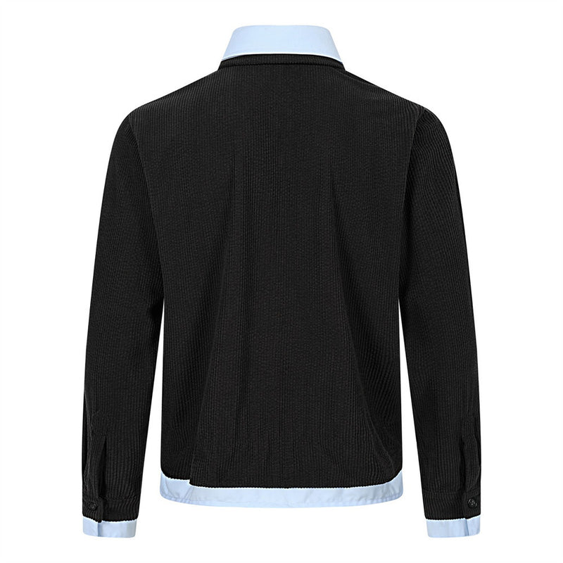 Faux Two-Piece Corduroy Knit Overshirt – Layered Collar Button-Up with