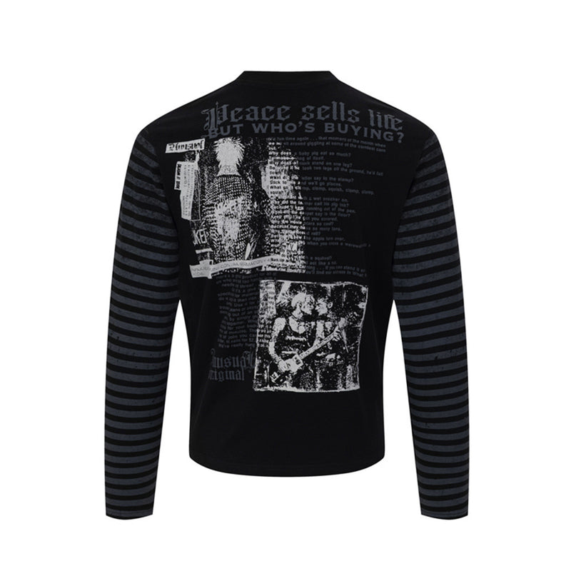 Men's Gothic Letter Print Long-Sleeve Tee with Striped Sleeve Splice