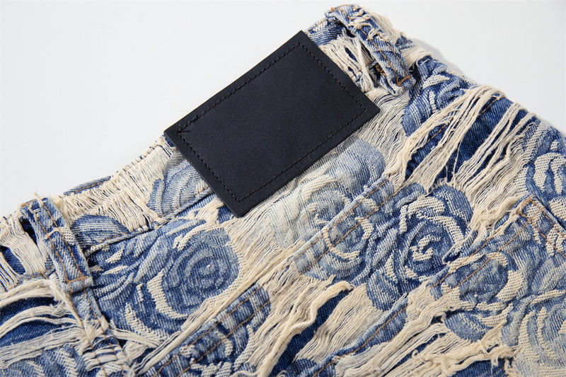 Rose Jacquard Distressed Wide-Leg Jeans – Blue Floral Fringe Denim