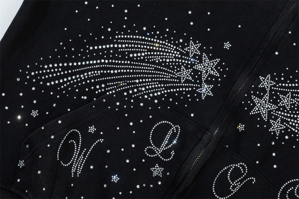 Sweat à capuche zippé avec étoile filante en strass – Streetwear oversize à double zip